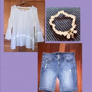 Lot Torrid Jean Shorts, White Blouse Eyelet, Pink Quartz Bracelet Dolphin 16